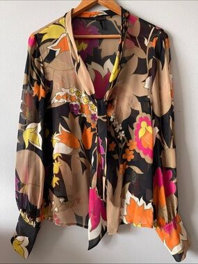 Escada Y2K Black Floral Silk Tie-Neck Blouse with Pink Orange Yellow Accents